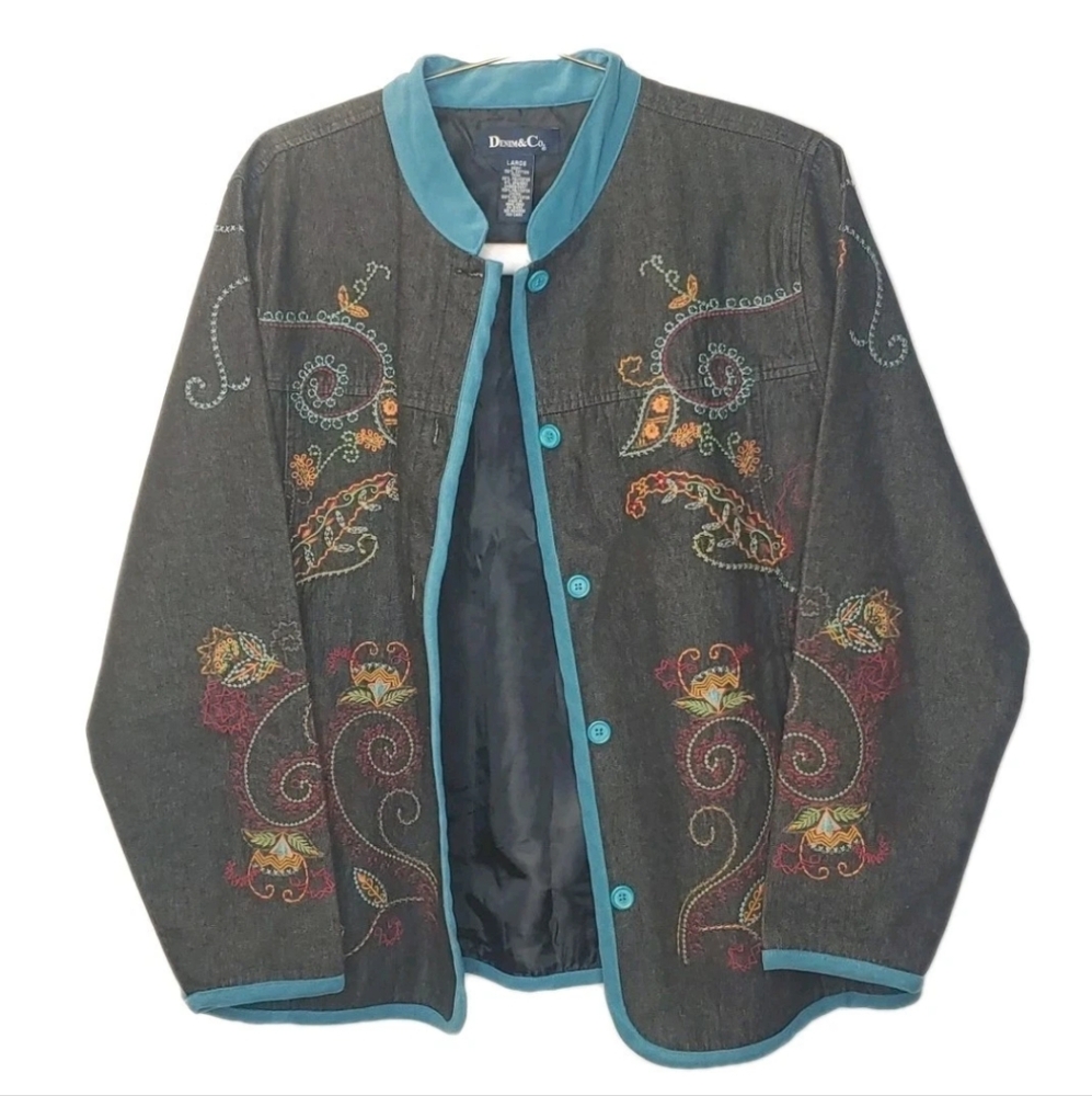 Denim&Co Lady Jacket Sz Large Black Denim Floral Embroidered Button Vtg 90s Boho